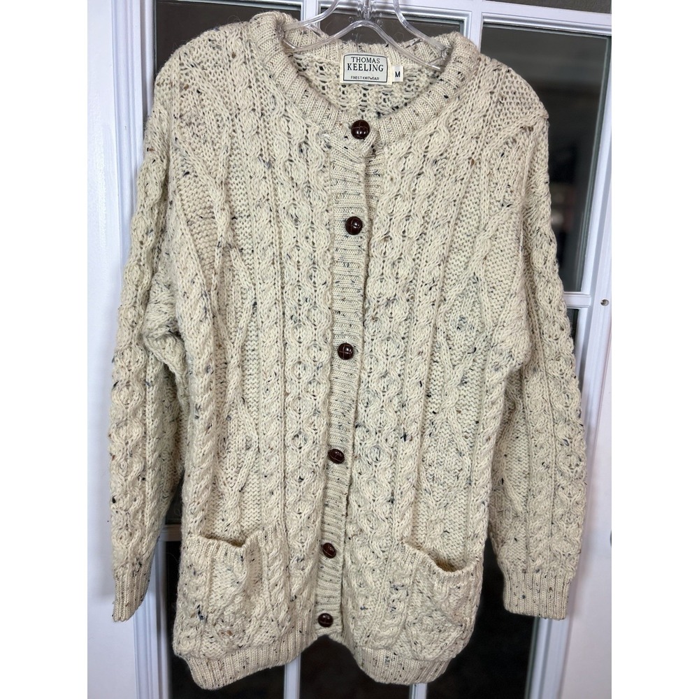 Thomas Keeling Irish Wool Aran Cable Knit Cardigan Size Medium Grampa Sweater